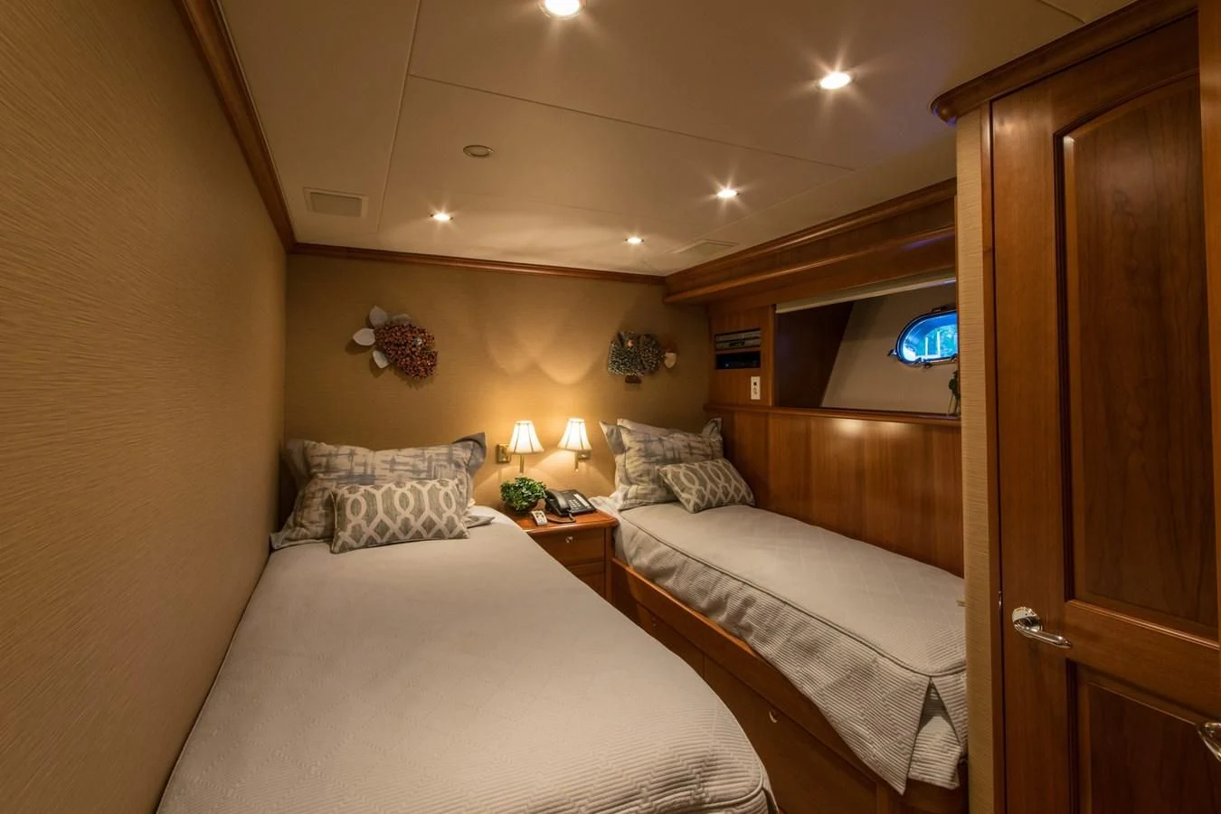 a room with two beds aboard LIFE'S A JOURNEY Yacht for Sale