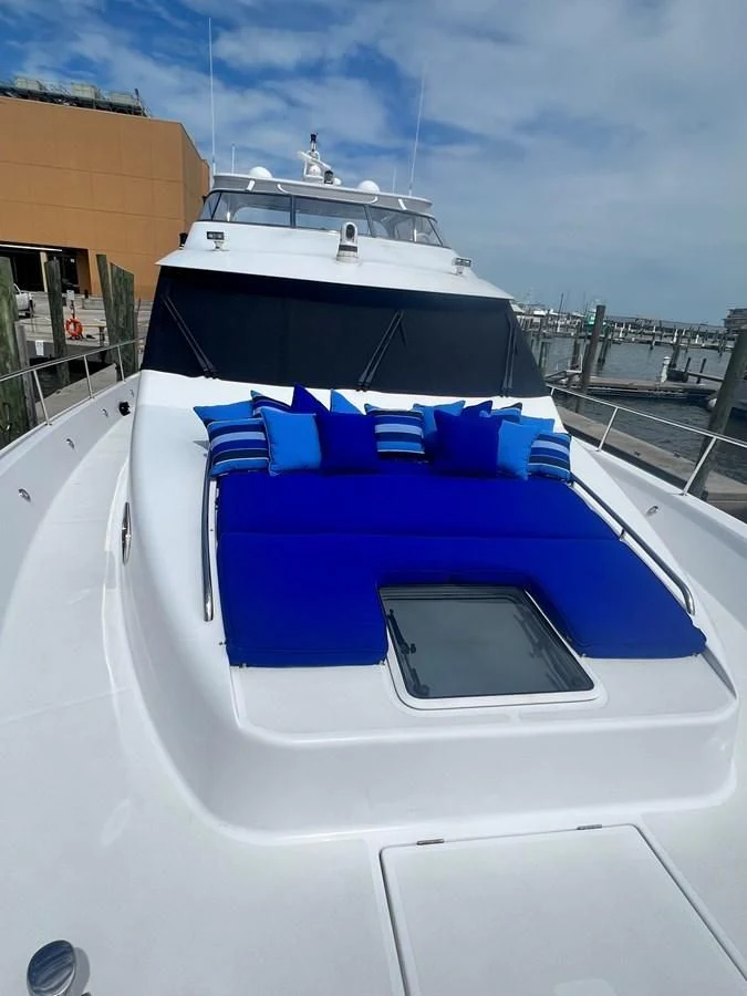a boat with blue and white stripes aboard LIFE'S A JOURNEY Yacht for Sale