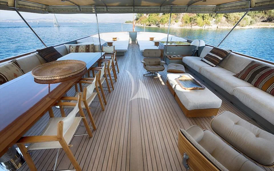 a deck with a deck and chairs on it aboard JURA II Yacht for Sale
