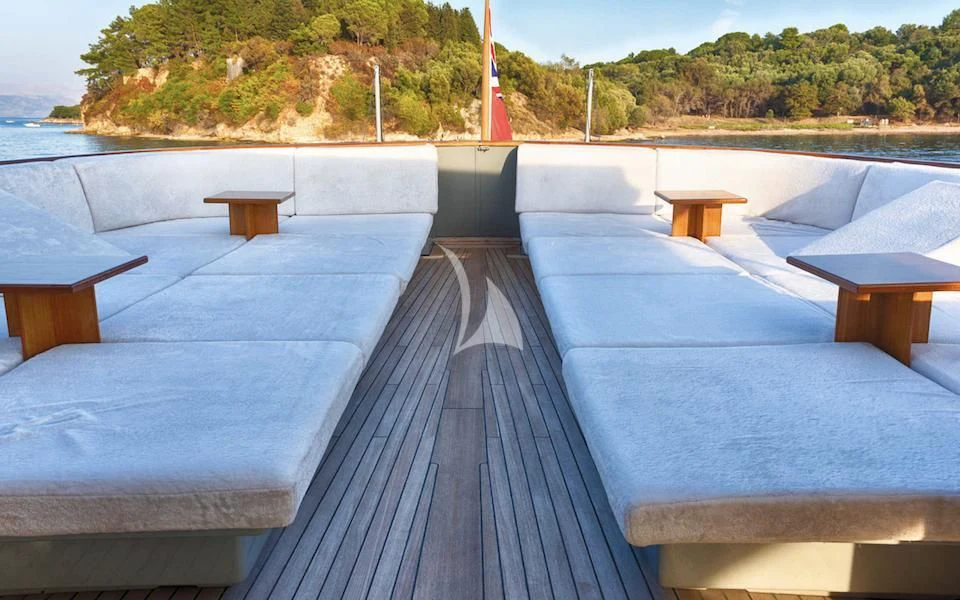 a wooden bridge over water aboard JURA II Yacht for Sale
