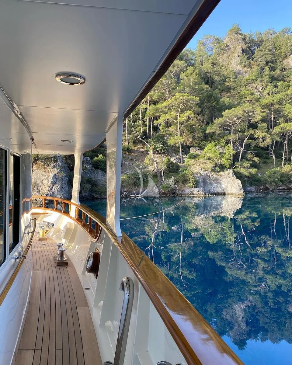 a deck with a pool and trees aboard JURA II Yacht for Sale
