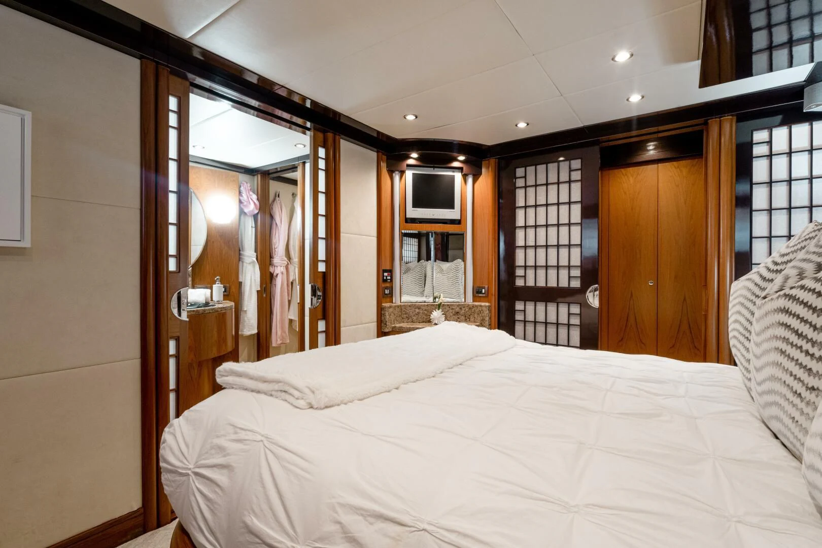 a bed in a room aboard HAPPINESS II Yacht for Sale