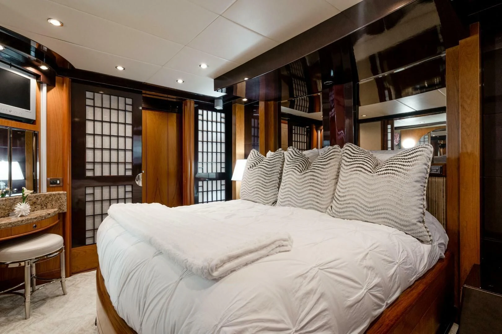 a bed in a room aboard HAPPINESS II Yacht for Sale