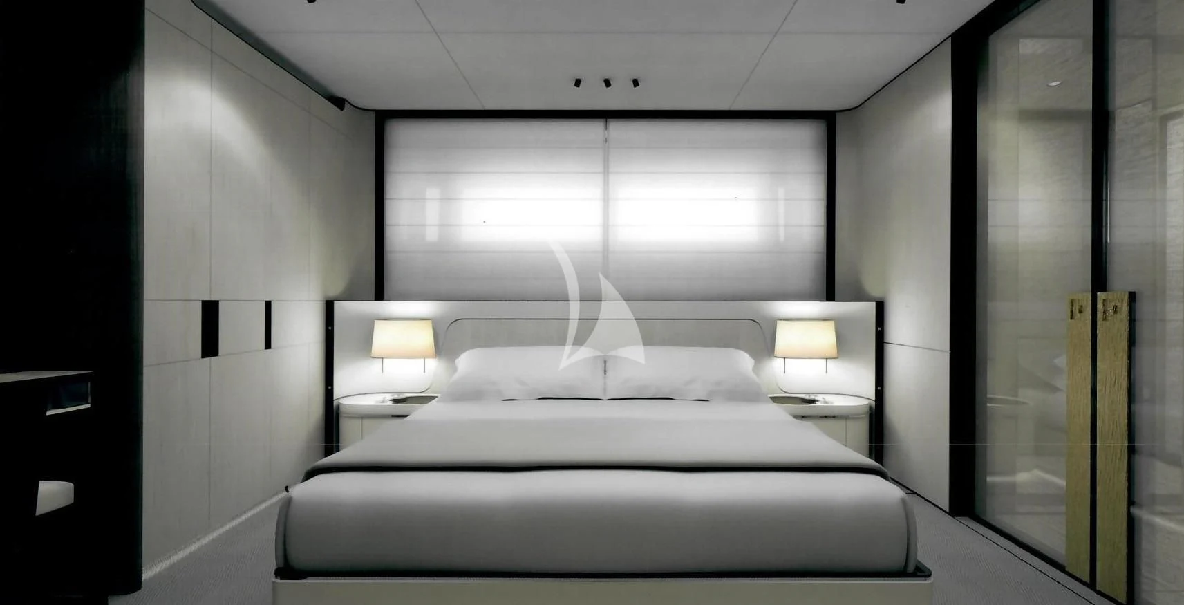 a room with a bed and a window aboard ENDEAVOUR 2 Yacht for Sale