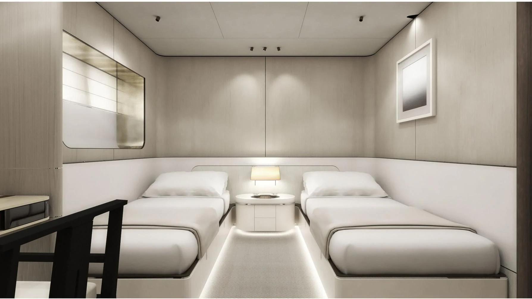a room with a row of white beds and a table aboard ENDEAVOUR 2 Yacht for Sale