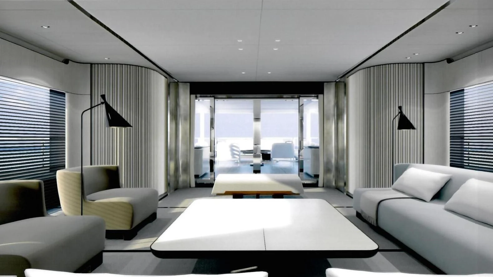 a room with white couches and a large window aboard ENDEAVOUR 2 Yacht for Sale