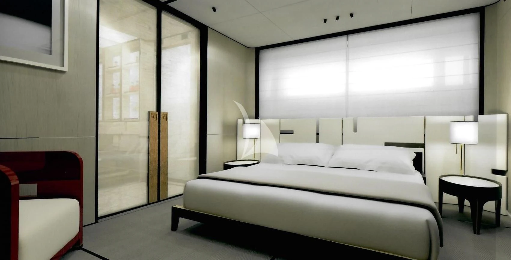a room with a bed and a desk aboard ENDEAVOUR 2 Yacht for Sale
