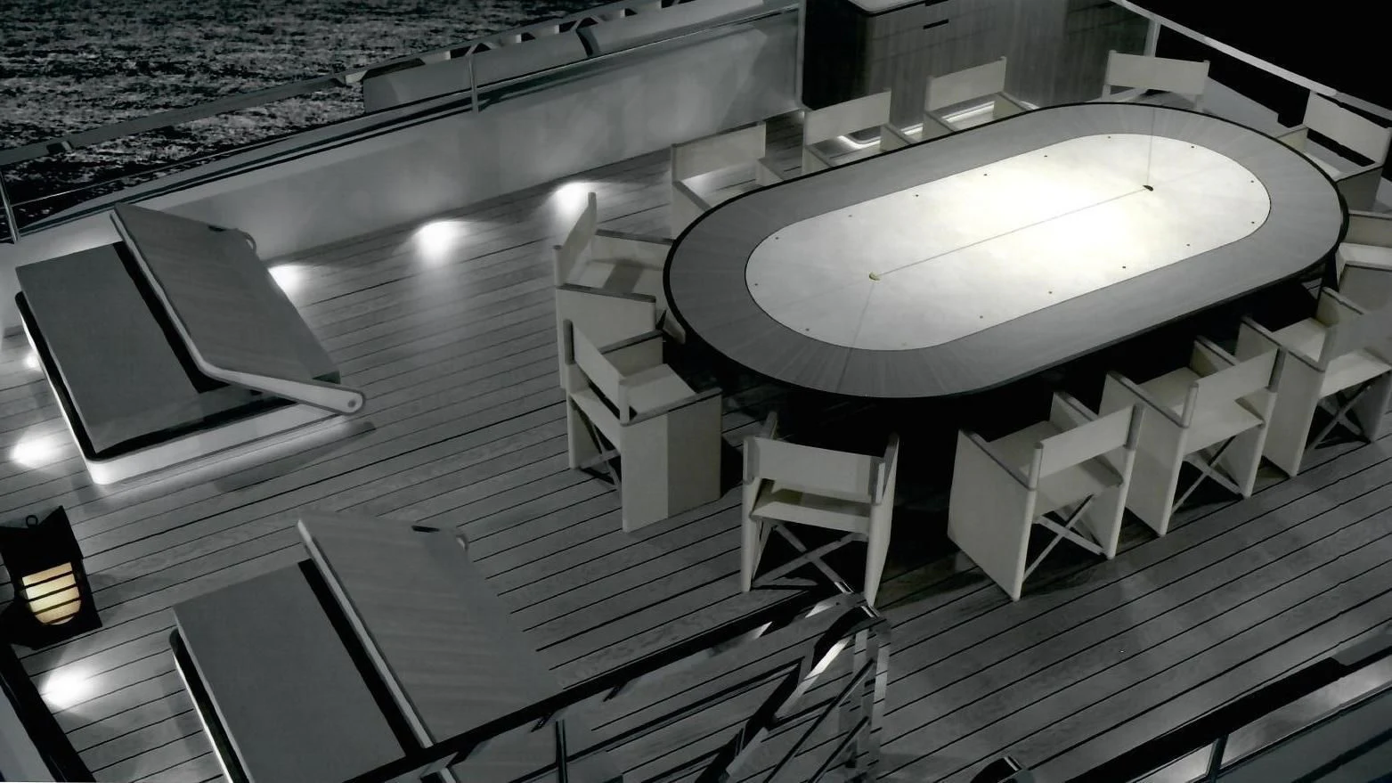 a large white room with chairs and a stage with a large crowd of people in the background aboard ENDEAVOUR 2 Yacht for Sale