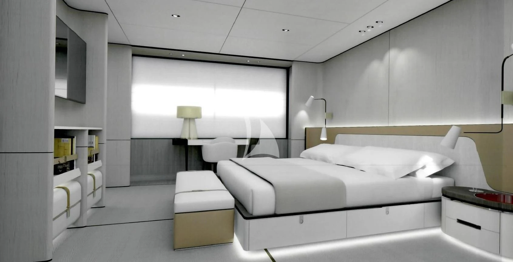 a room with a bed and a lamp aboard ENDEAVOUR 2 Yacht for Sale
