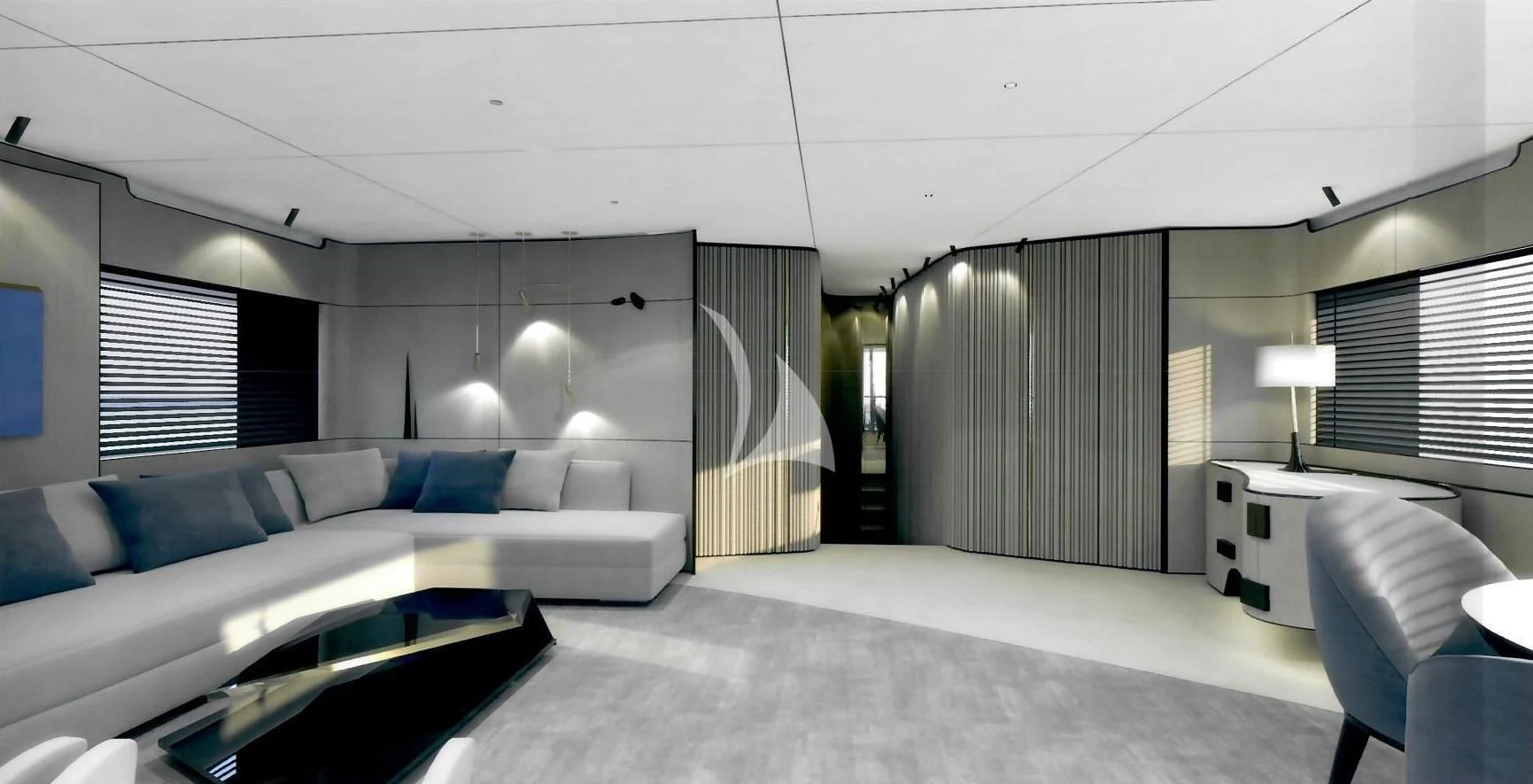 a room with a couch and a table aboard ENDEAVOUR 2 Yacht for Sale