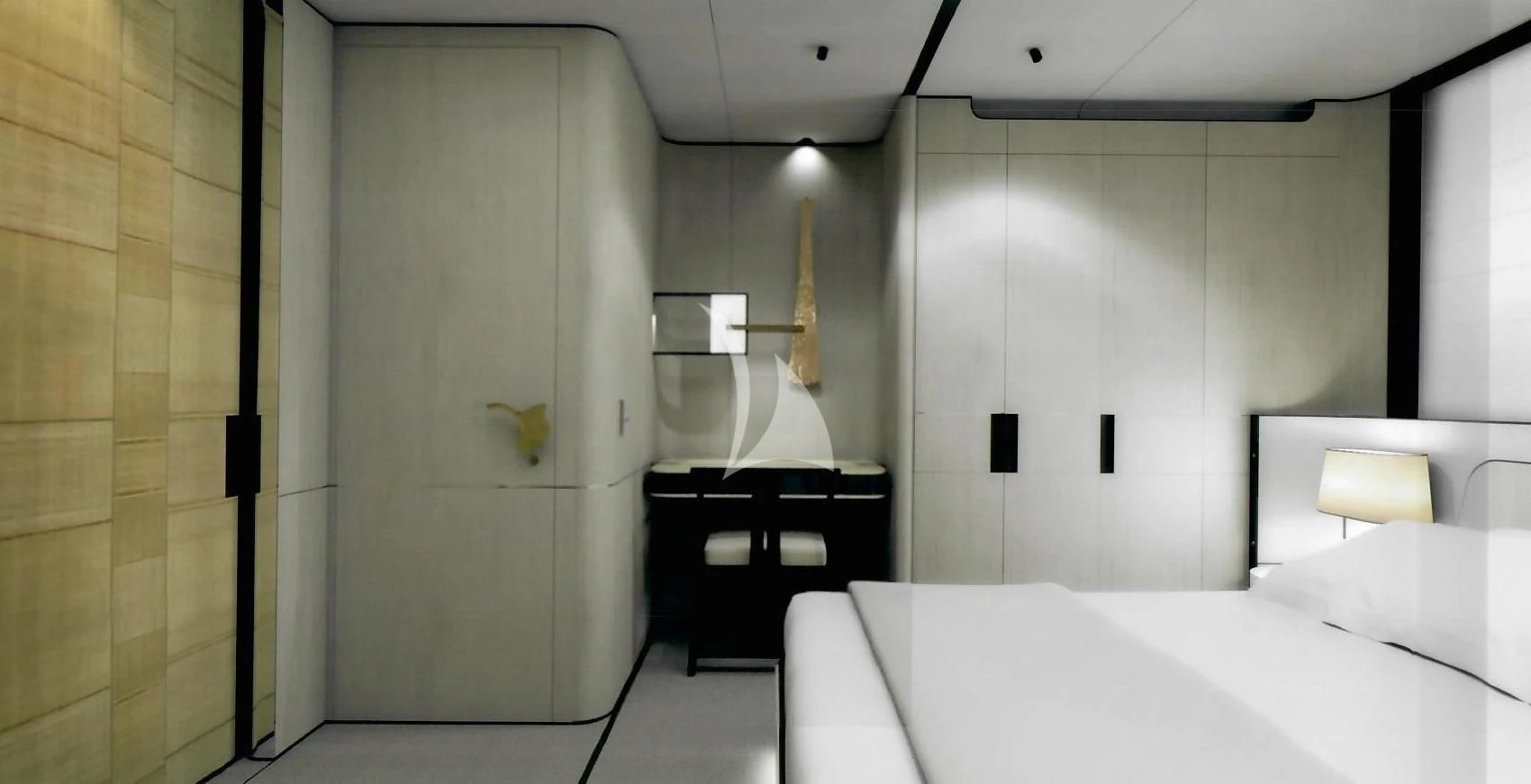 a room with a bed and desk aboard ENDEAVOUR 2 Yacht for Sale