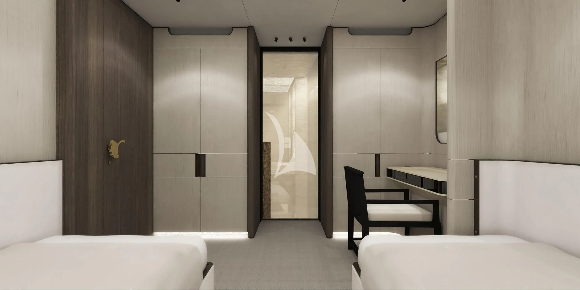 a room with a chair and a bed aboard ENDEAVOUR 2 Yacht for Sale