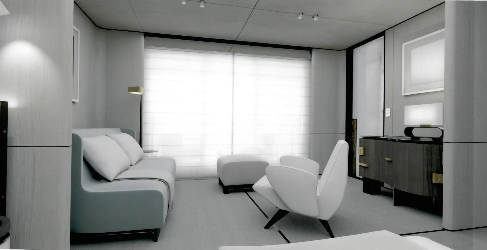 a room with white furniture aboard ENDEAVOUR 2 Yacht for Sale