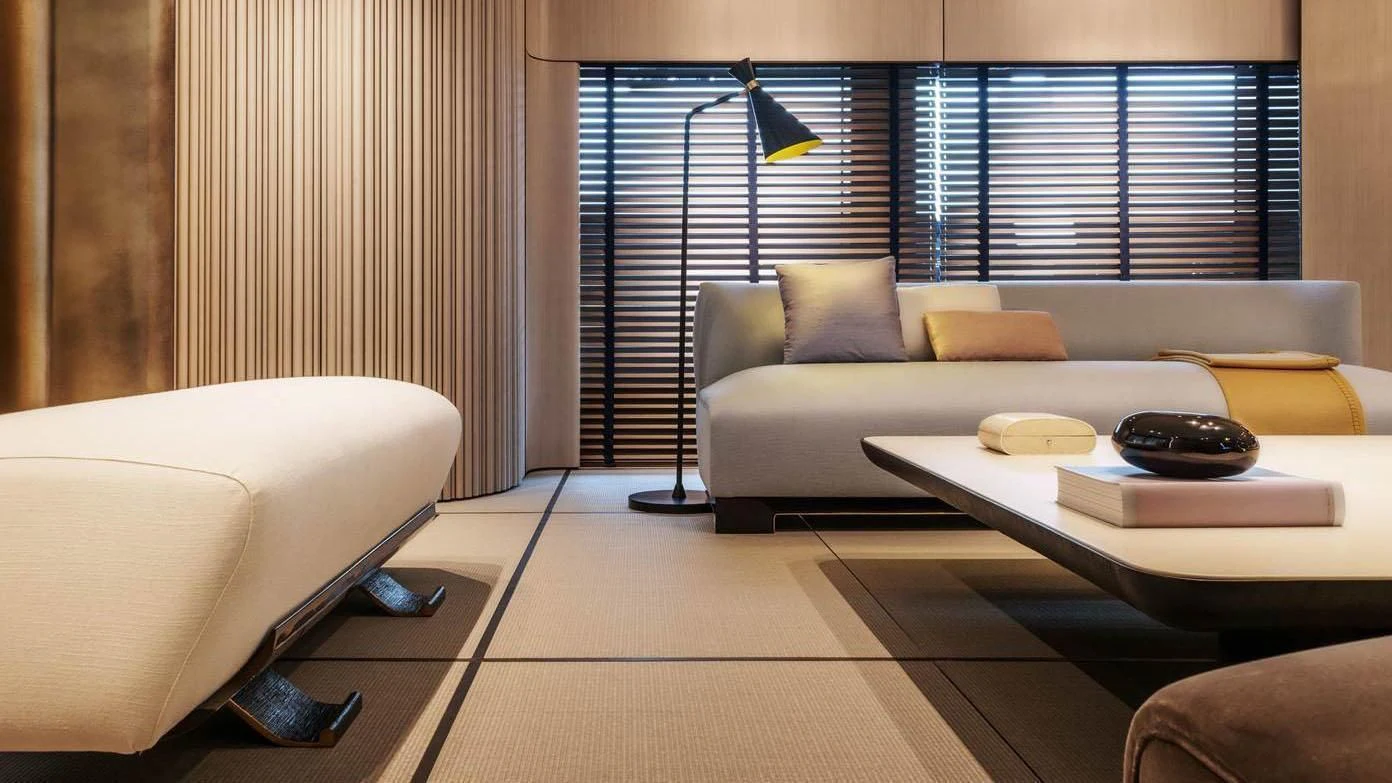 a living room with a couch and a table aboard ENDEAVOUR 2 Yacht for Sale