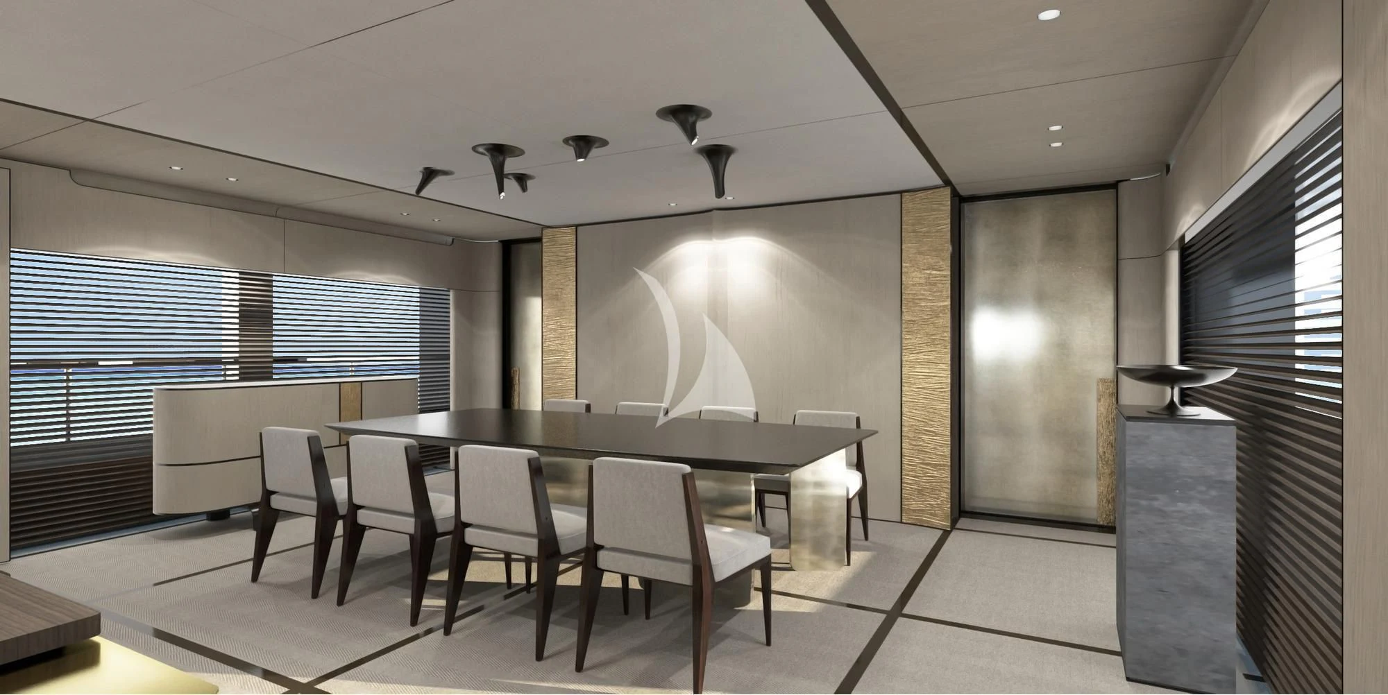 a room with a table and chairs aboard ENDEAVOUR 2 Yacht for Sale