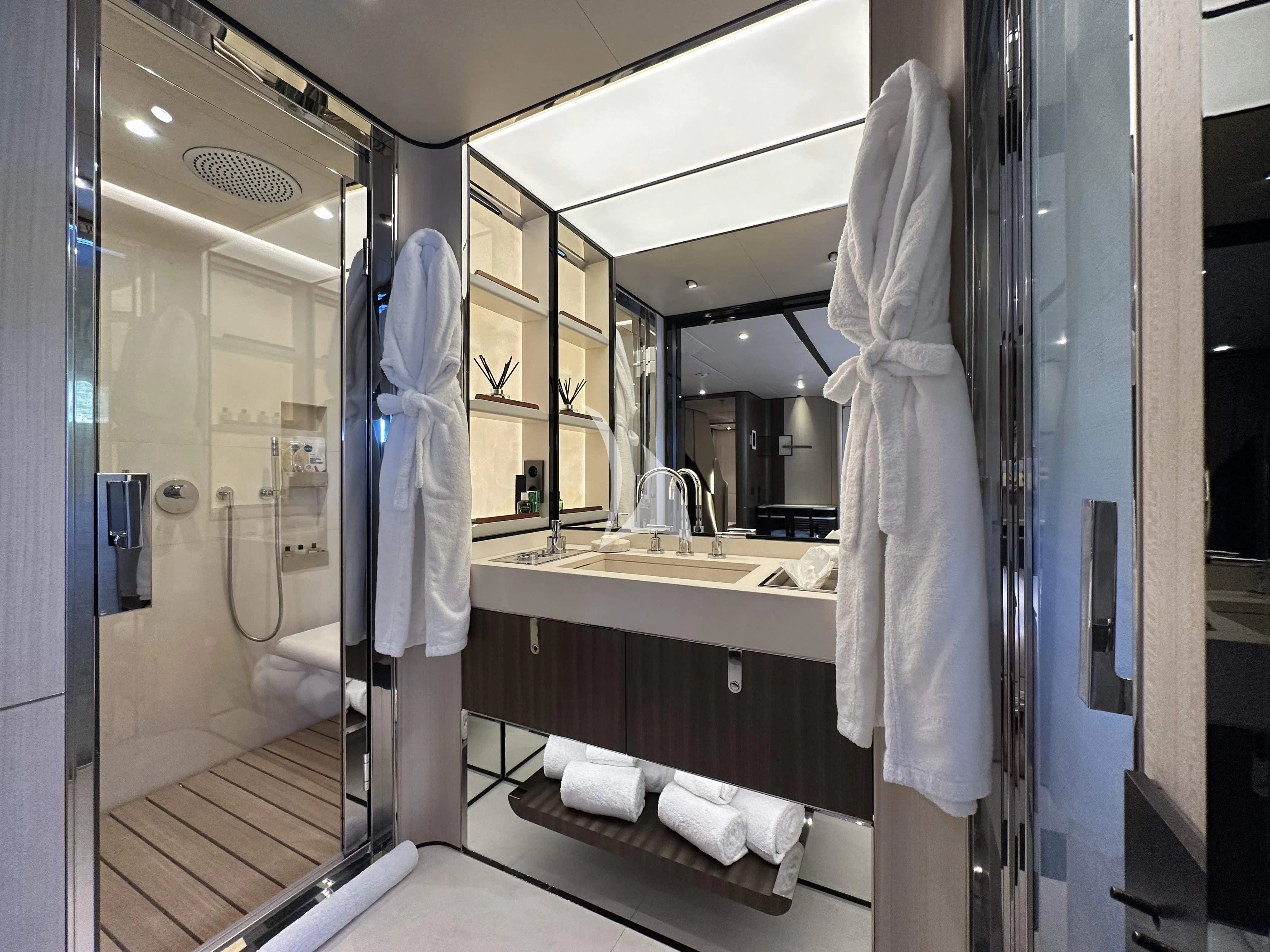 a bathroom with a large mirror aboard ENDEAVOUR 2 Yacht for Sale