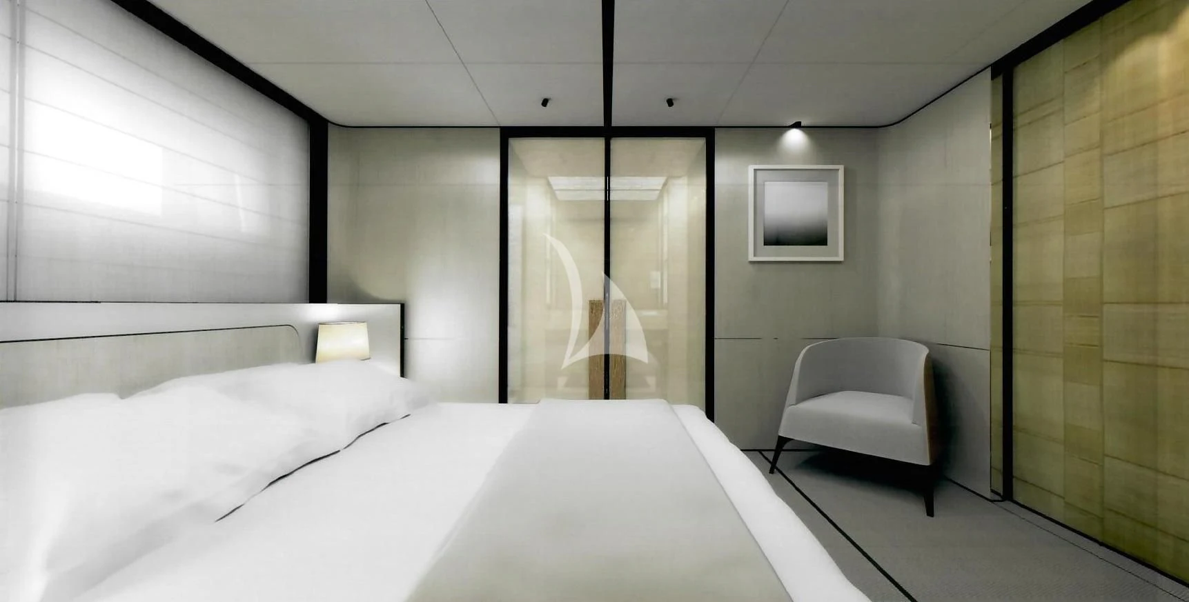 a bed and chair in a room aboard ENDEAVOUR 2 Yacht for Sale