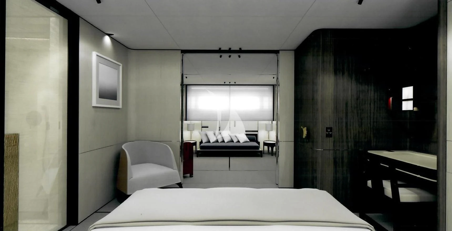 a room with a bed and a couch aboard ENDEAVOUR 2 Yacht for Sale