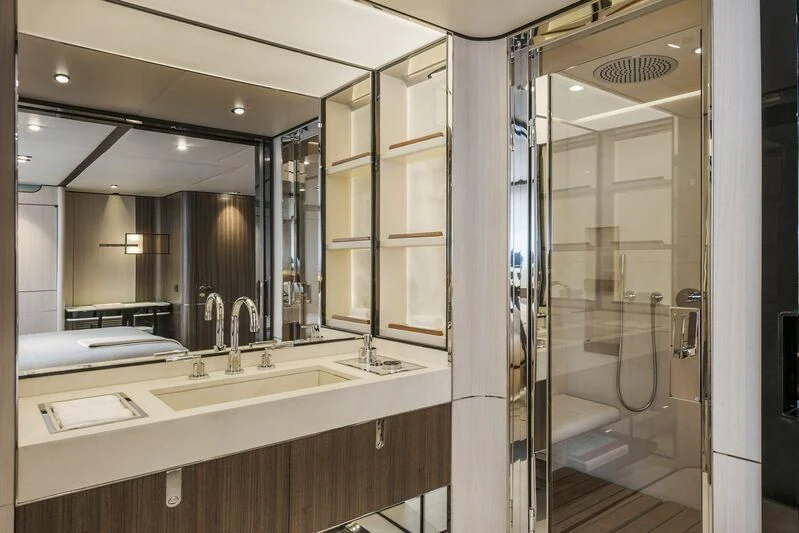 a bathroom with a large mirror aboard ENDEAVOUR 2 Yacht for Sale