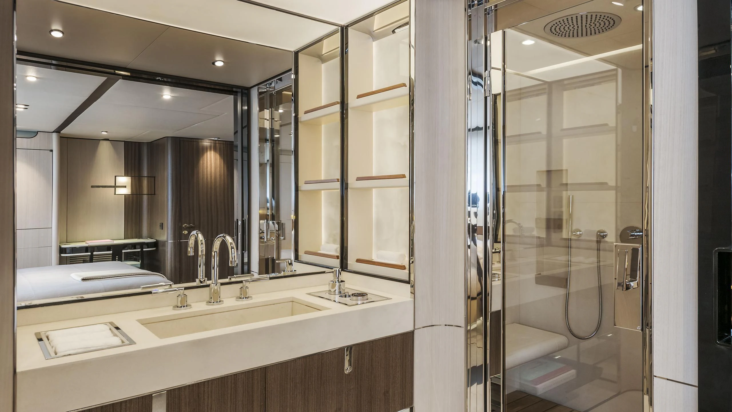 a bathroom with a large mirror aboard ENDEAVOUR 2 Yacht for Sale