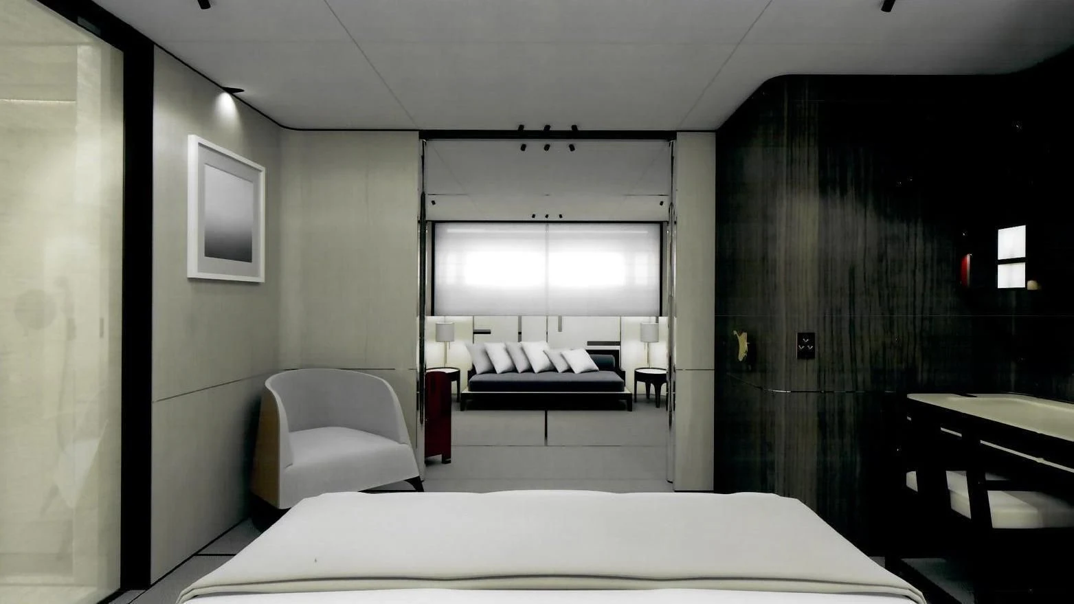 a room with a bed and a chair aboard ENDEAVOUR 2 Yacht for Sale