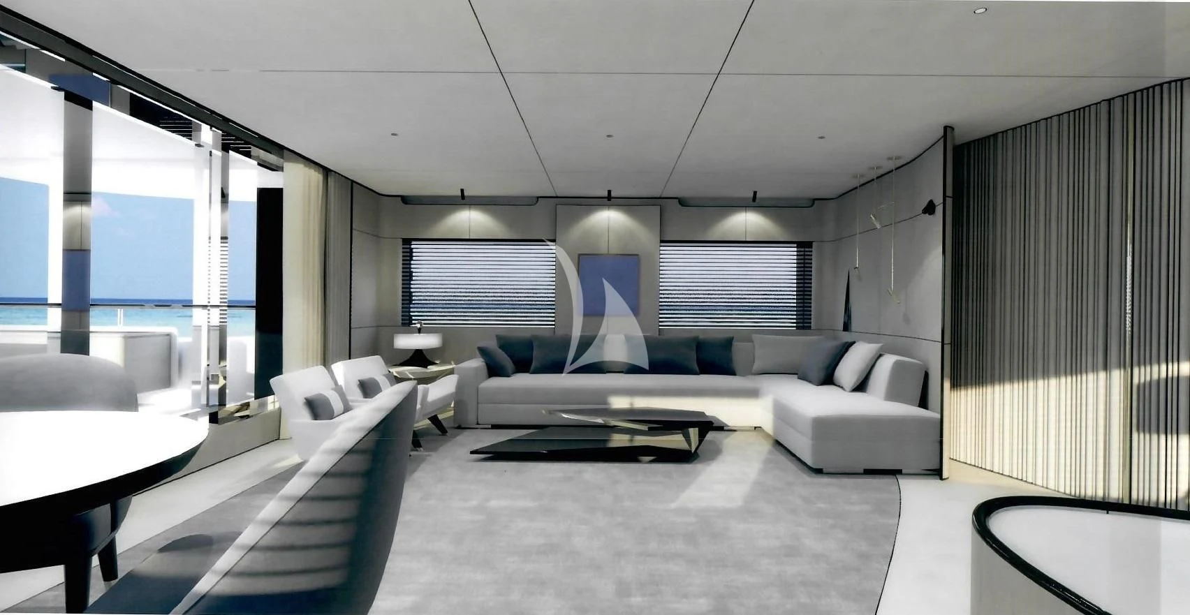 a room with a couch and a table aboard ENDEAVOUR 2 Yacht for Sale