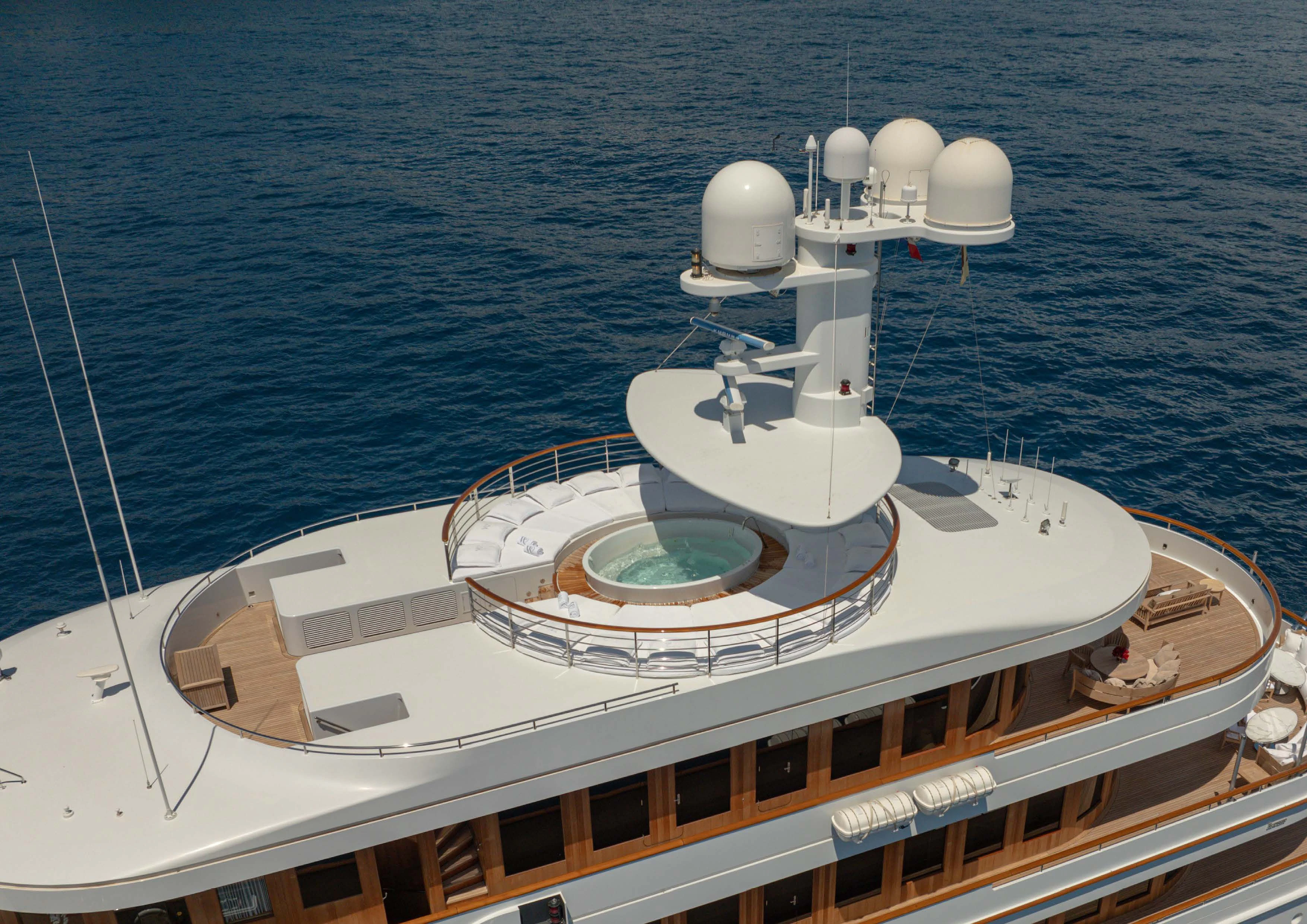 a boat with a satellite on it aboard WEDGE TOO Yacht for Sale