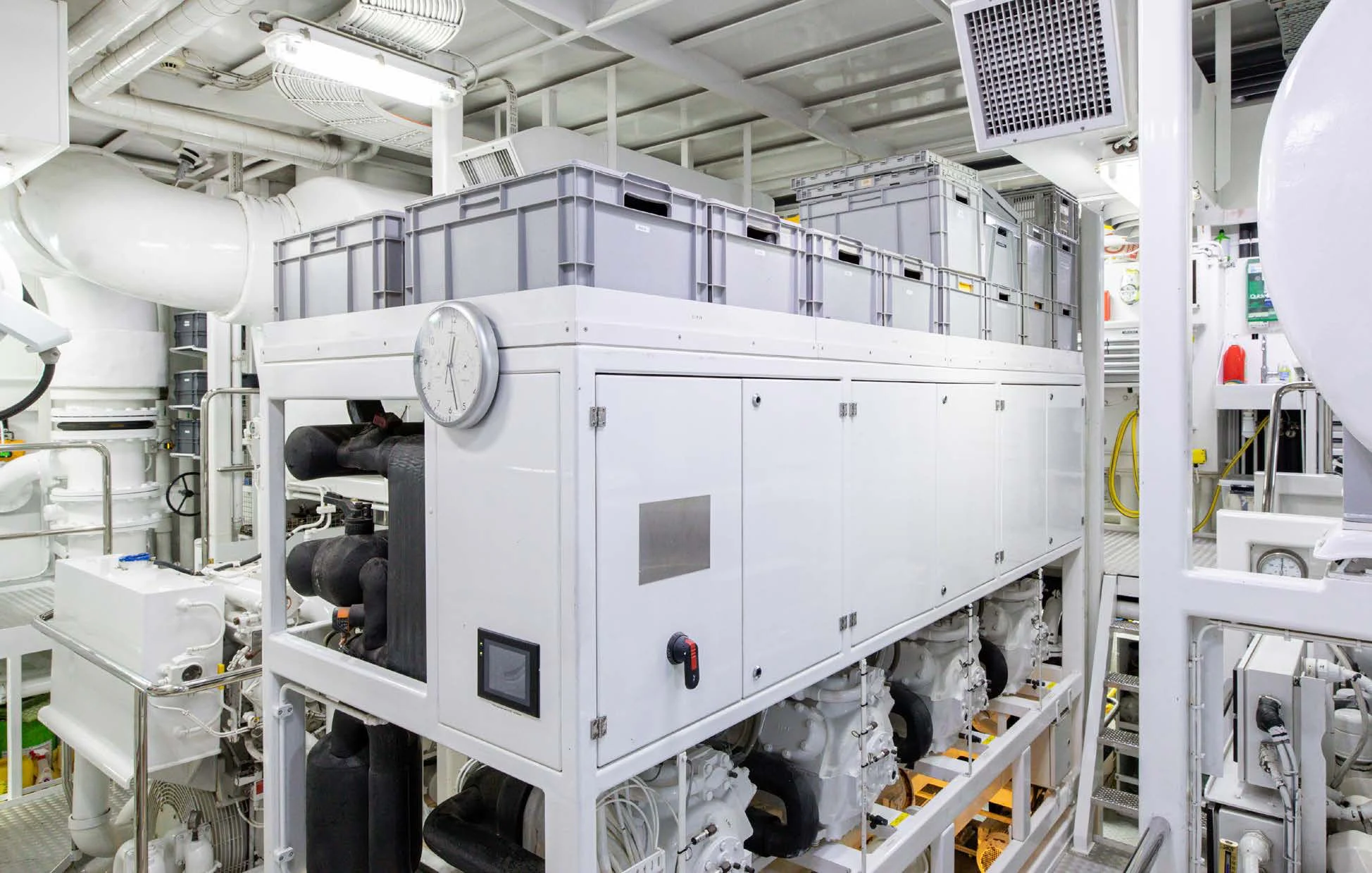 a large white machine in a room aboard WEDGE TOO Yacht for Sale