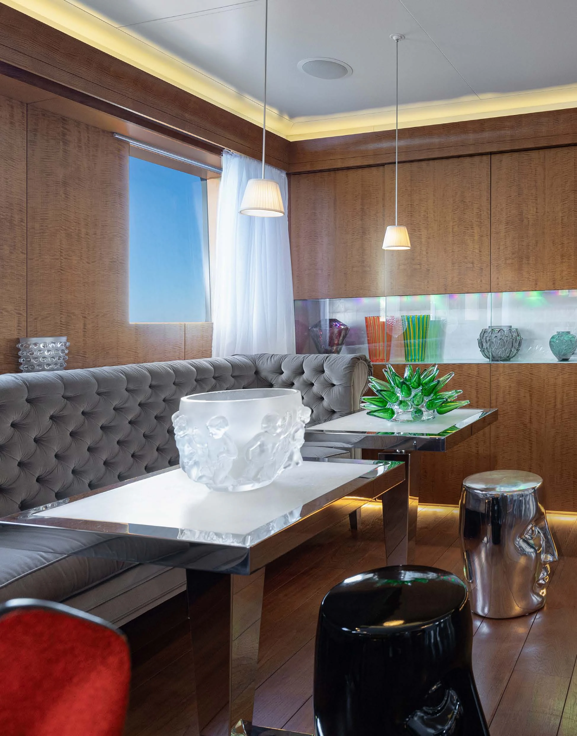 a kitchen with a couch and a table aboard WEDGE TOO Yacht for Sale