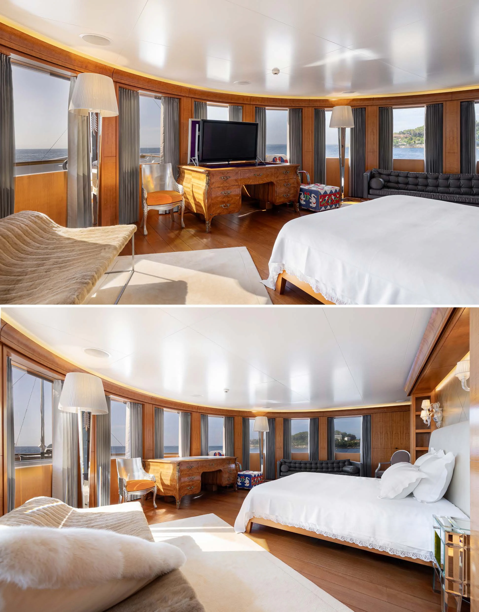 a room with a bed and a television aboard WEDGE TOO Yacht for Sale