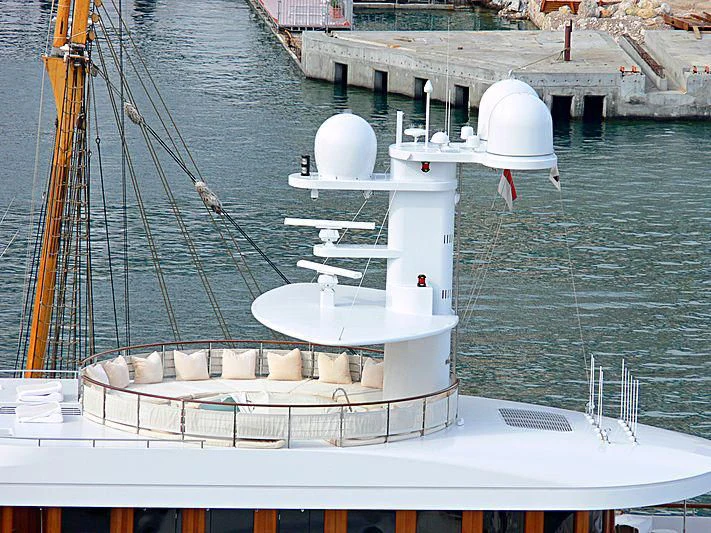 a boat with a large white object on it aboard WEDGE TOO Yacht for Sale