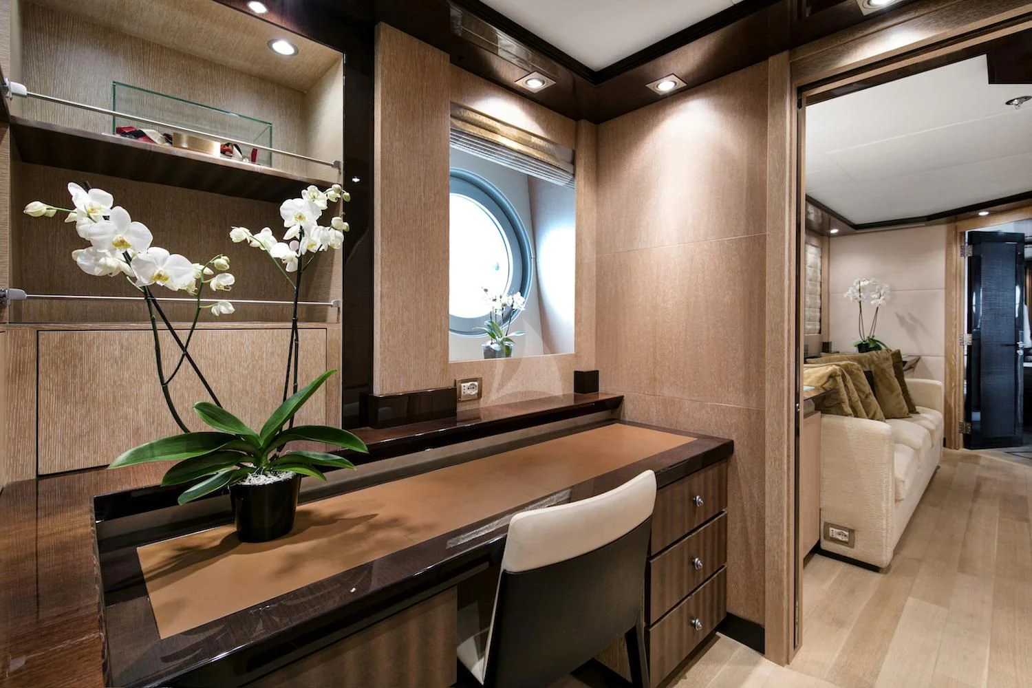 a room with a table and chairs aboard FIVE Yacht for Sale