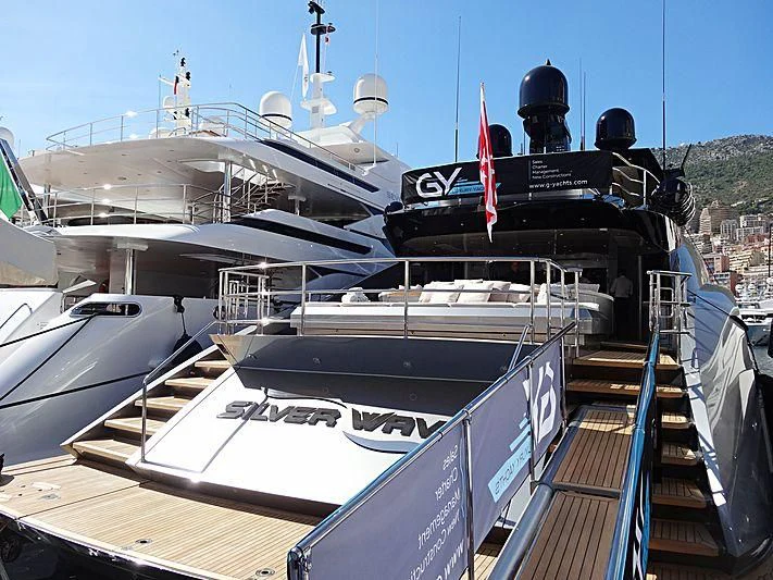 a large ship docked aboard FIVE Yacht for Sale