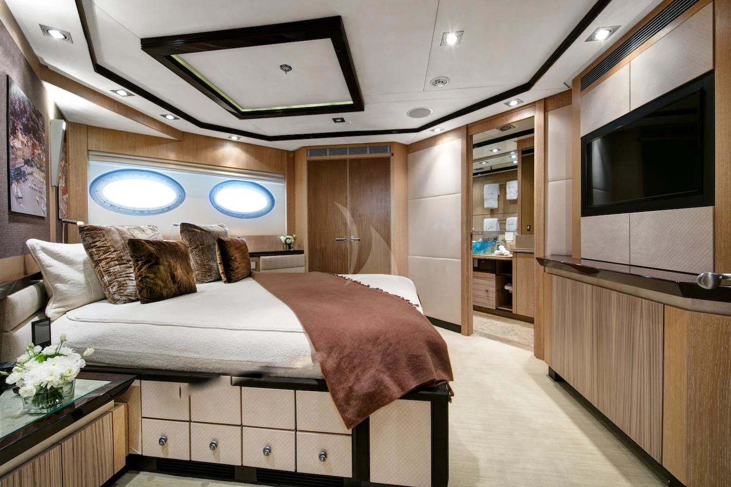 a bed in a room aboard FIVE Yacht for Sale
