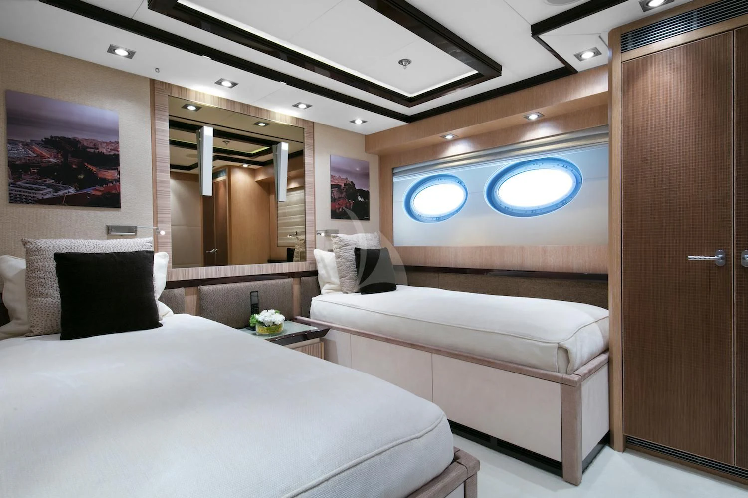 a room with two beds aboard FIVE Yacht for Sale