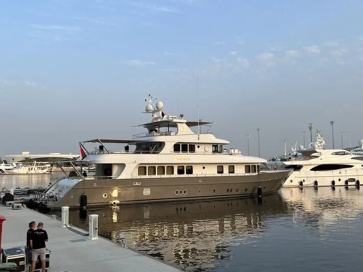 a large white boat aboard AMARA Yacht for Sale