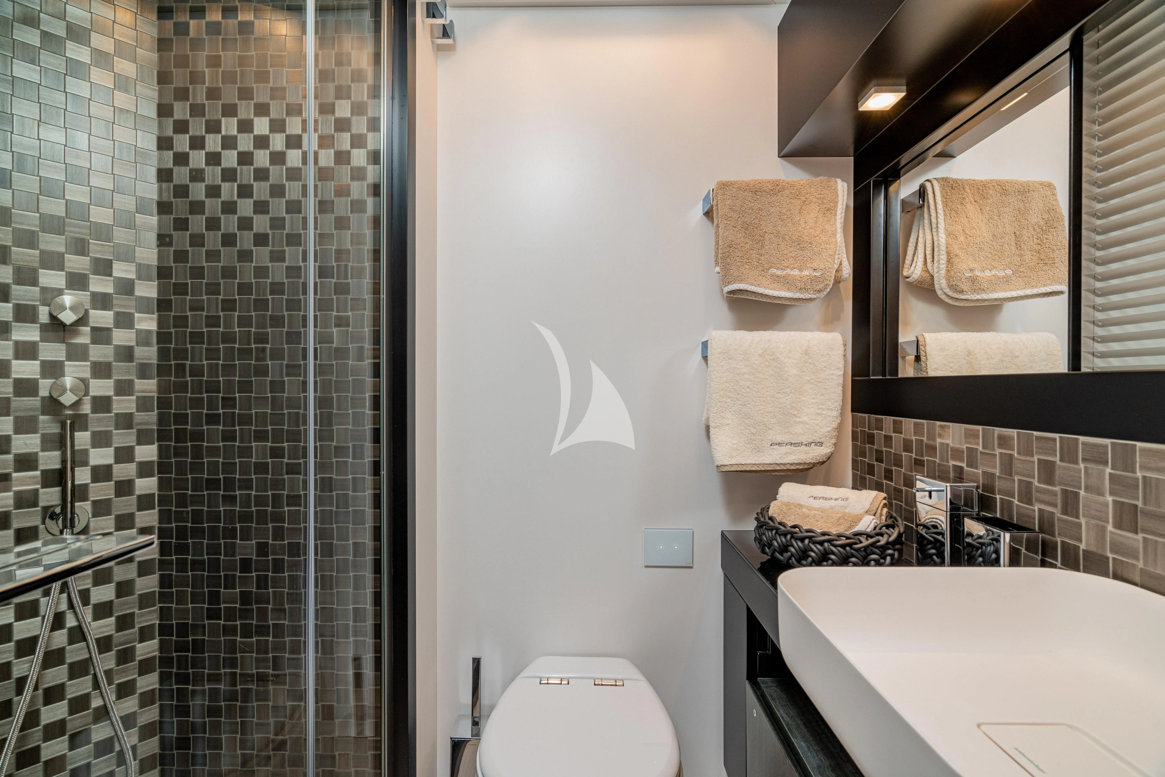 a bathroom with a shower and sink aboard SOPHIA Yacht for Sale
