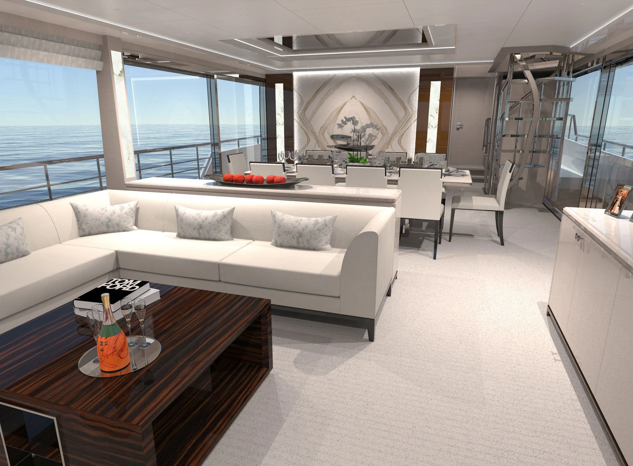 a living room with a white couch aboard OCEAN ALEXANDER 32L10 Yacht for Sale