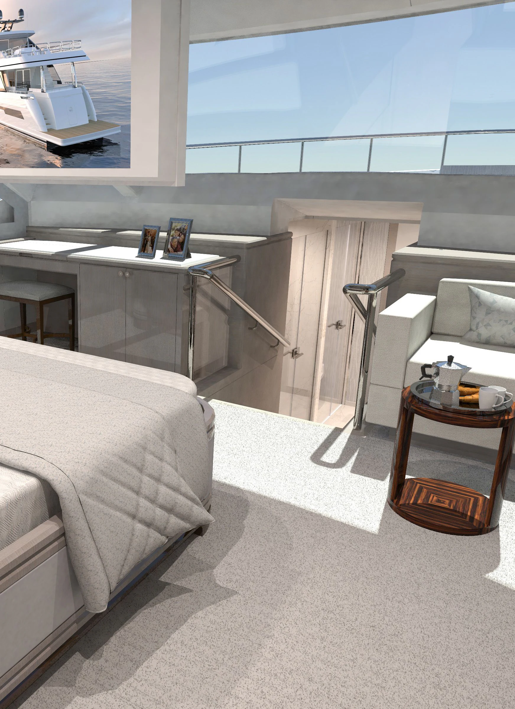 a bedroom with a desk and a bed aboard OCEAN ALEXANDER 32L10 Yacht for Sale