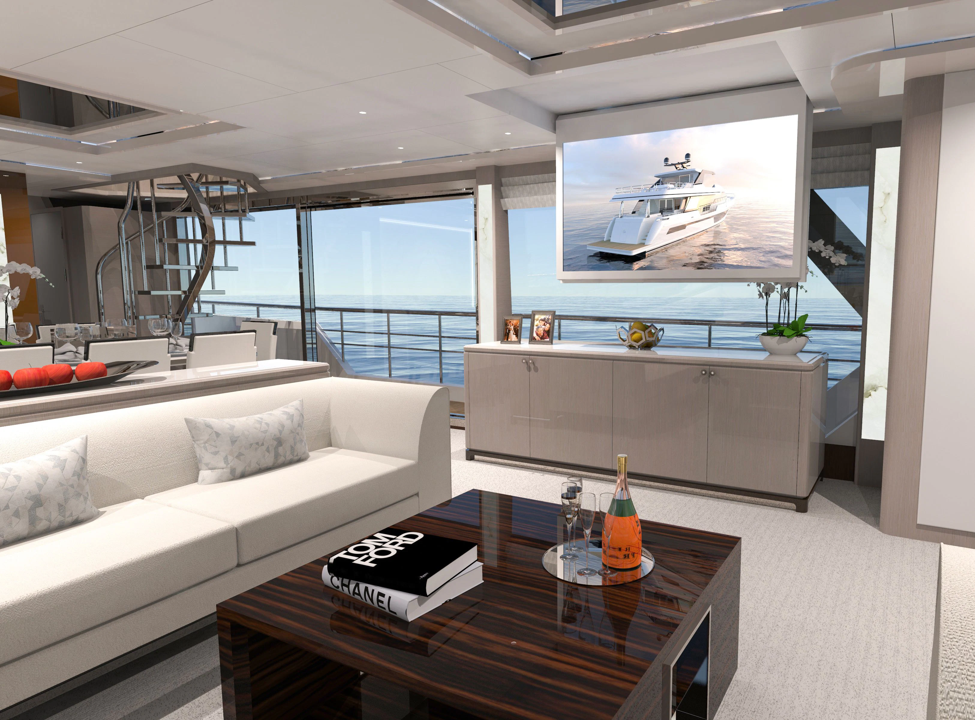 a living room with a large window aboard OCEAN ALEXANDER 32L10 Yacht for Sale