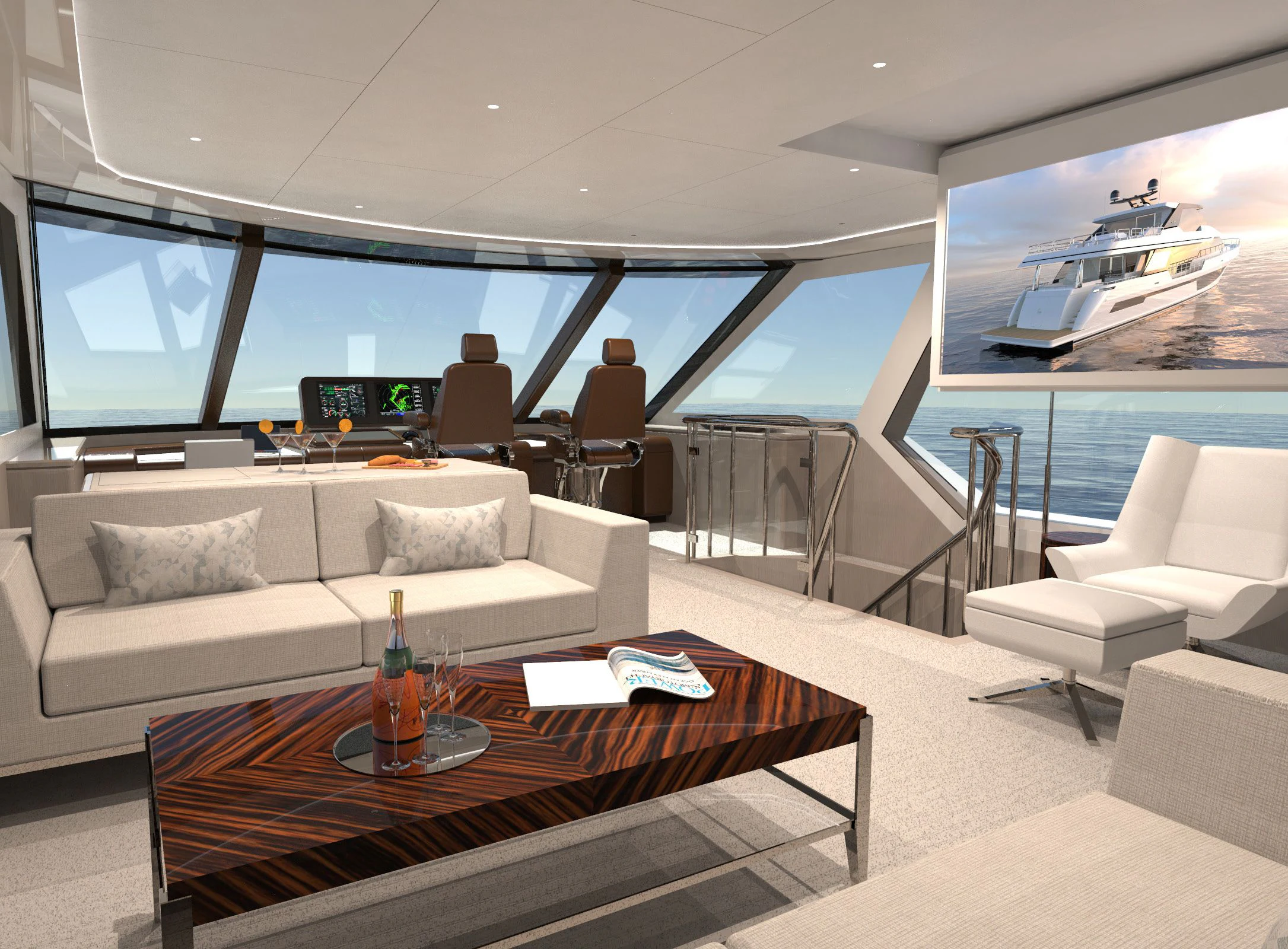 a living room with a large window overlooking the ocean aboard OCEAN ALEXANDER 32L10 Yacht for Sale