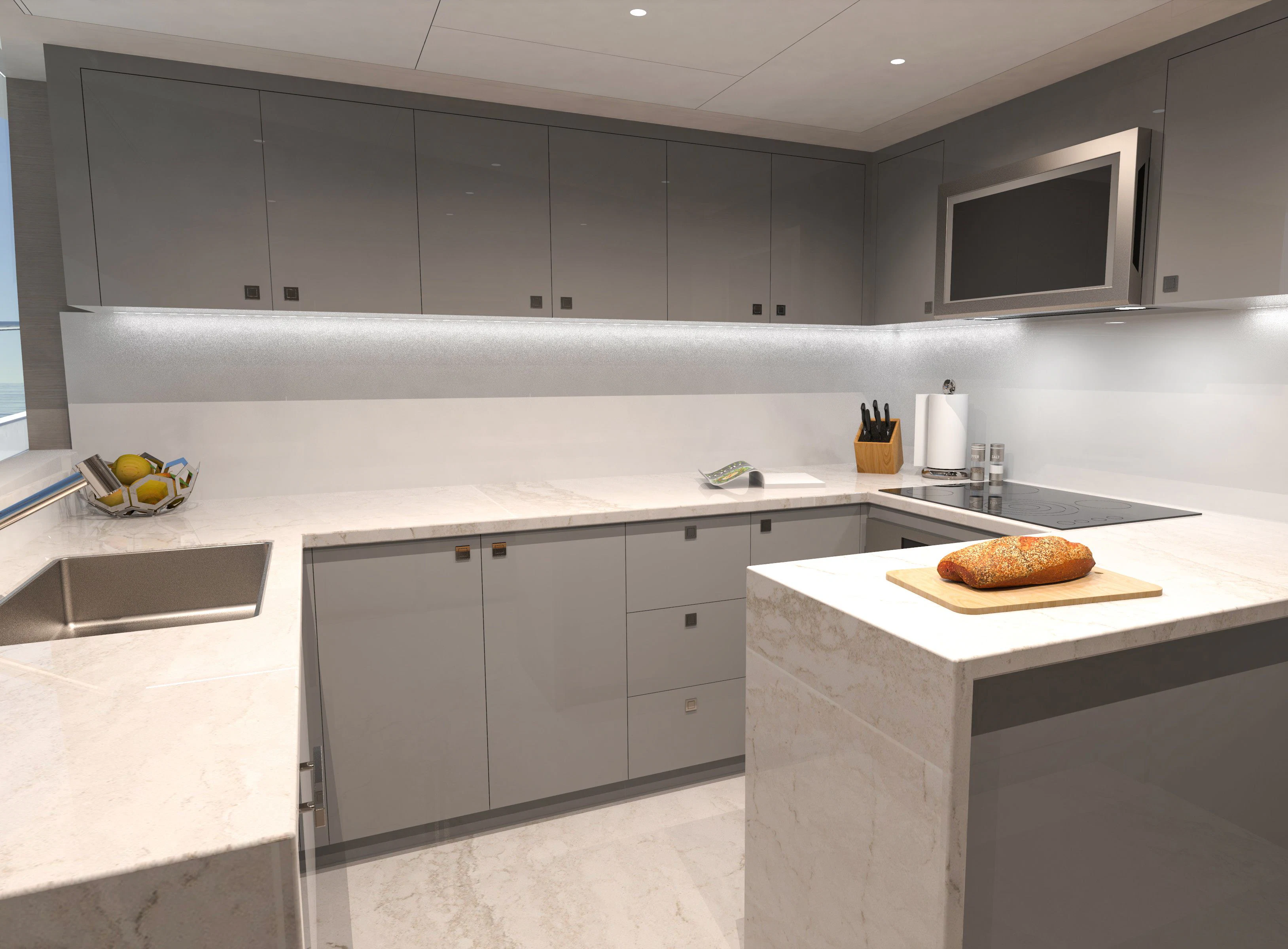 a kitchen with white cabinets aboard OCEAN ALEXANDER 32L10 Yacht for Sale
