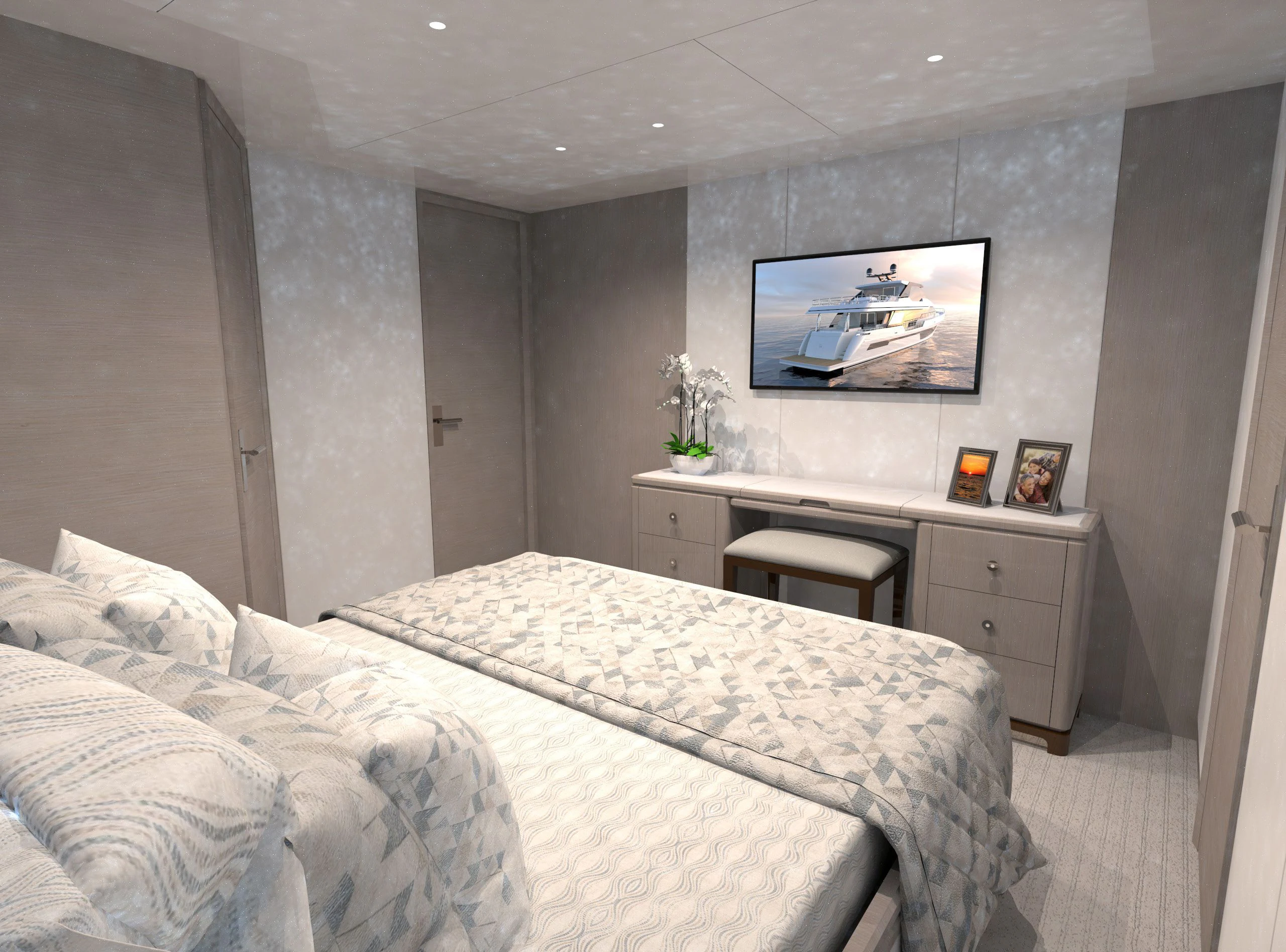 a bedroom with a bed and a desk aboard OCEAN ALEXANDER 32L10 Yacht for Sale