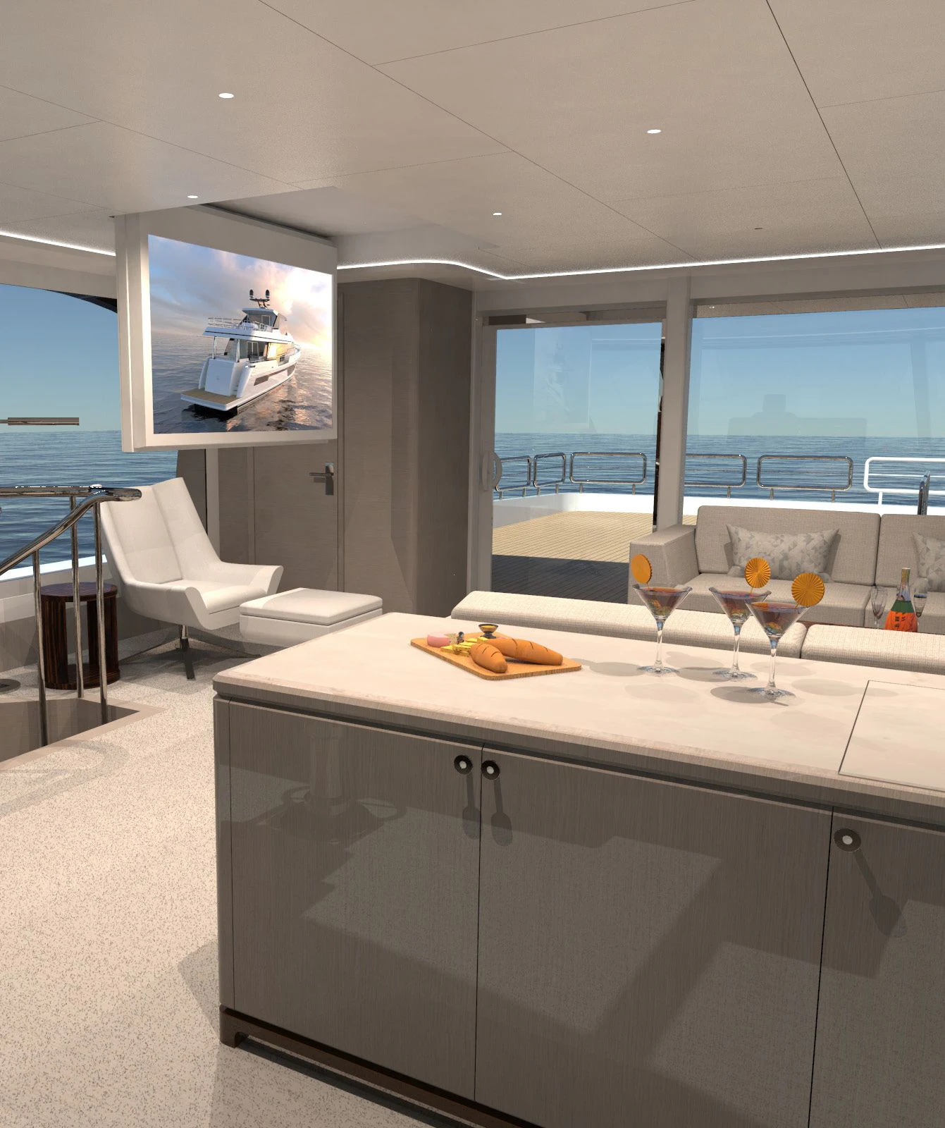 a modern kitchen with glass walls aboard OCEAN ALEXANDER 32L10 Yacht for Sale