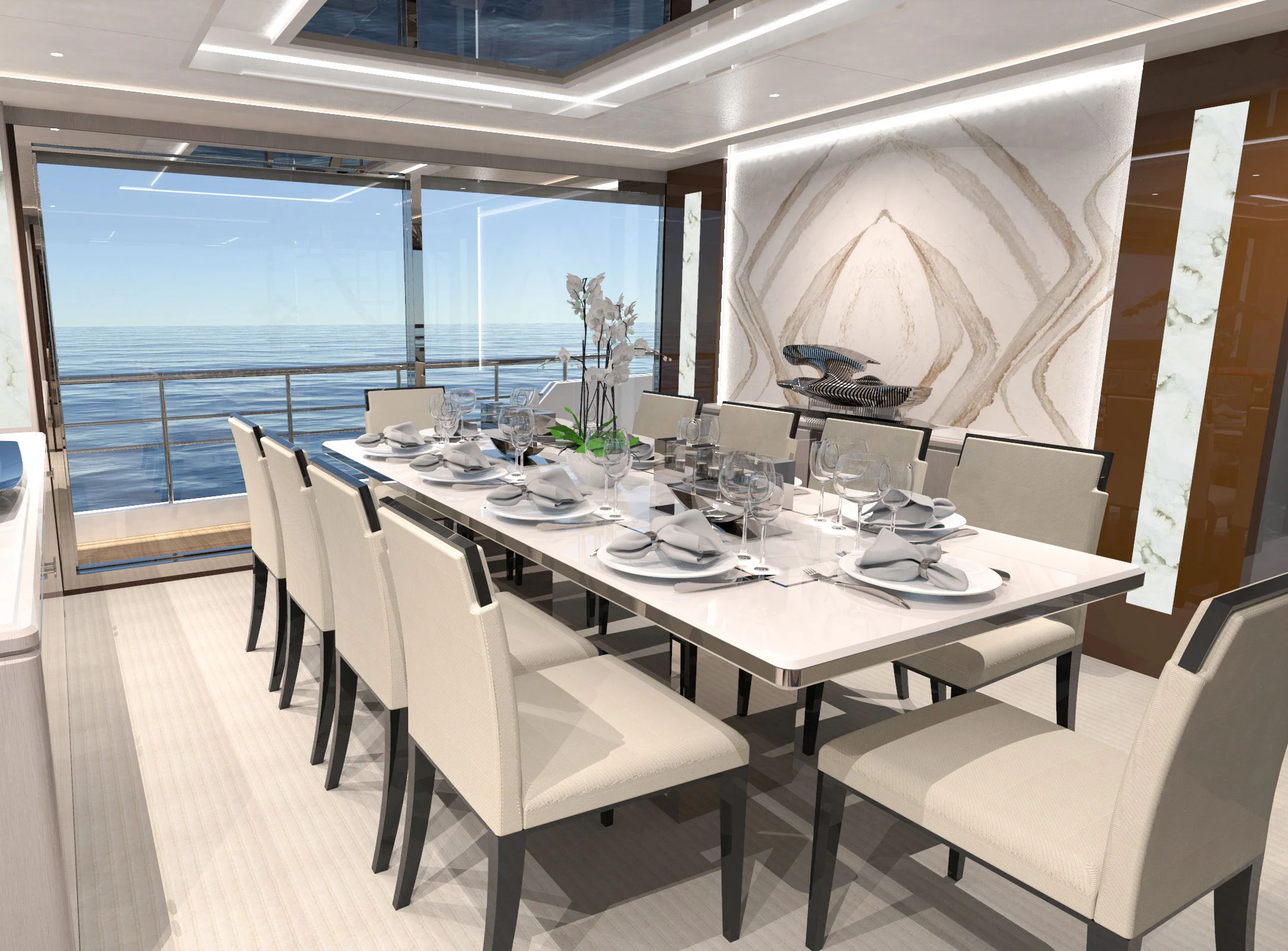 a dining room with a large window aboard OCEAN ALEXANDER 32L10 Yacht for Sale