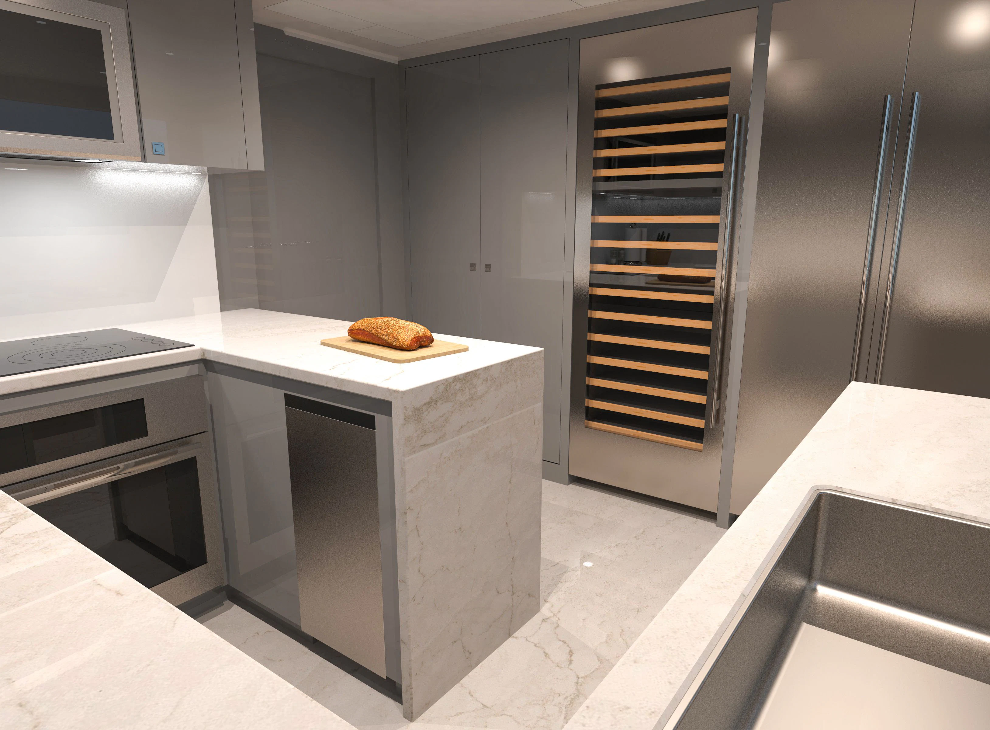a kitchen with a stainless steel oven aboard OCEAN ALEXANDER 32L10 Yacht for Sale