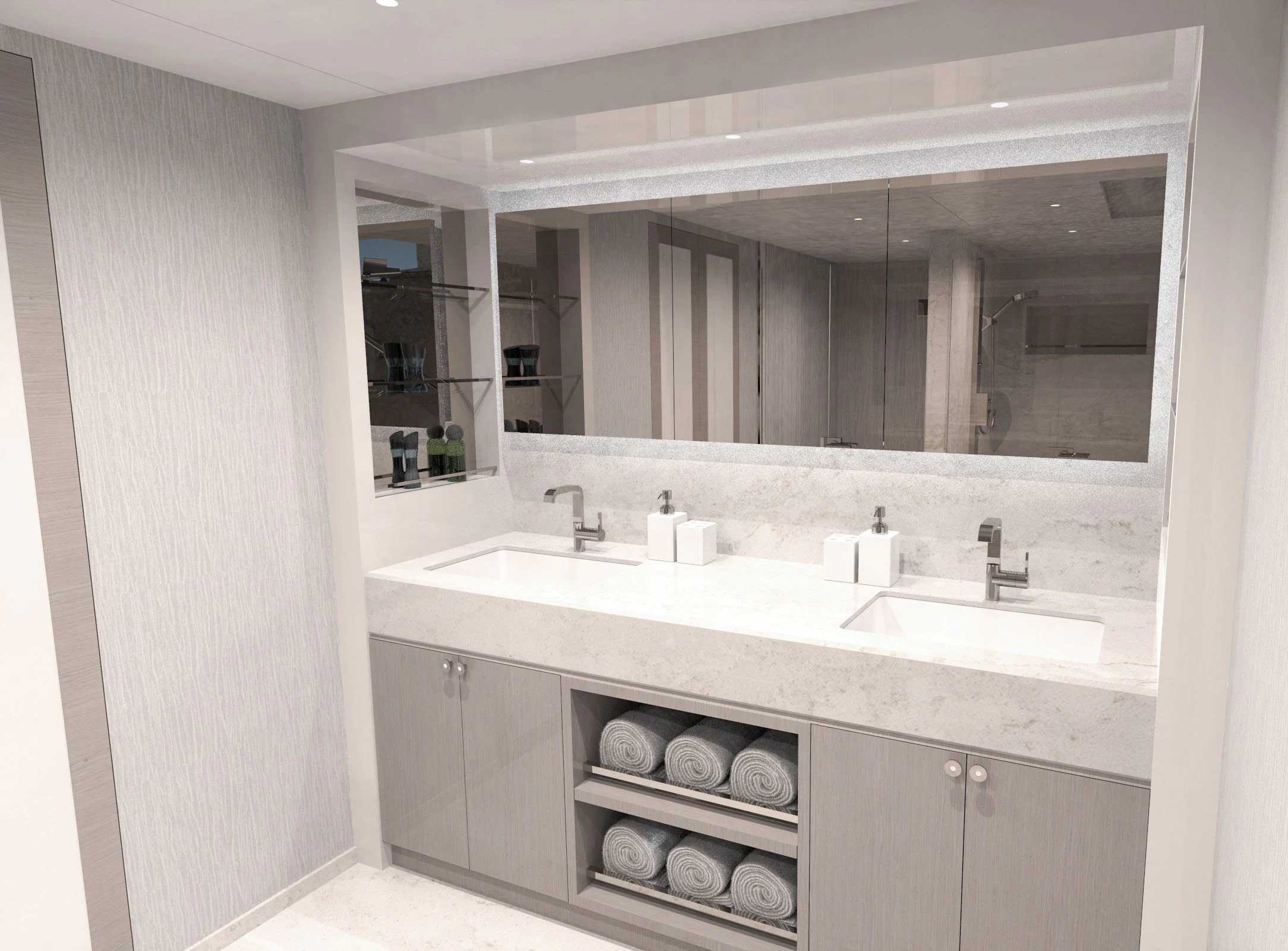 a bathroom with a large mirror aboard OCEAN ALEXANDER 32L10 Yacht for Sale