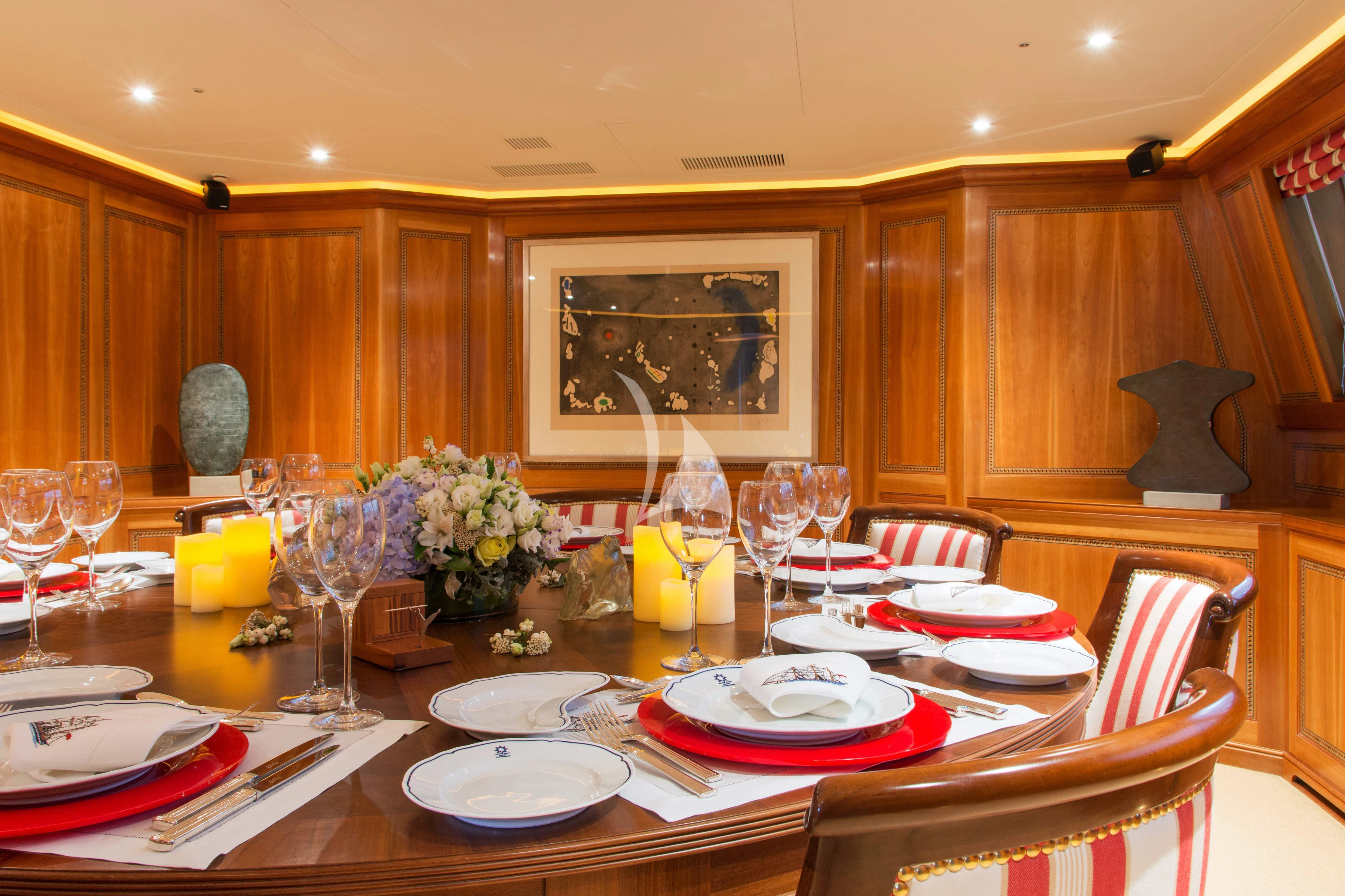 a table with plates and glasses aboard XASTERIA Yacht for Charter