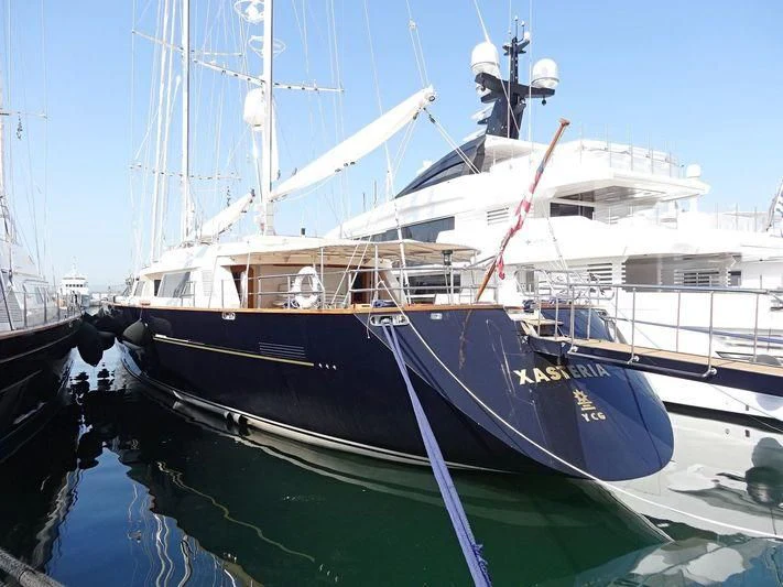 a large boat docked aboard XASTERIA Yacht for Charter