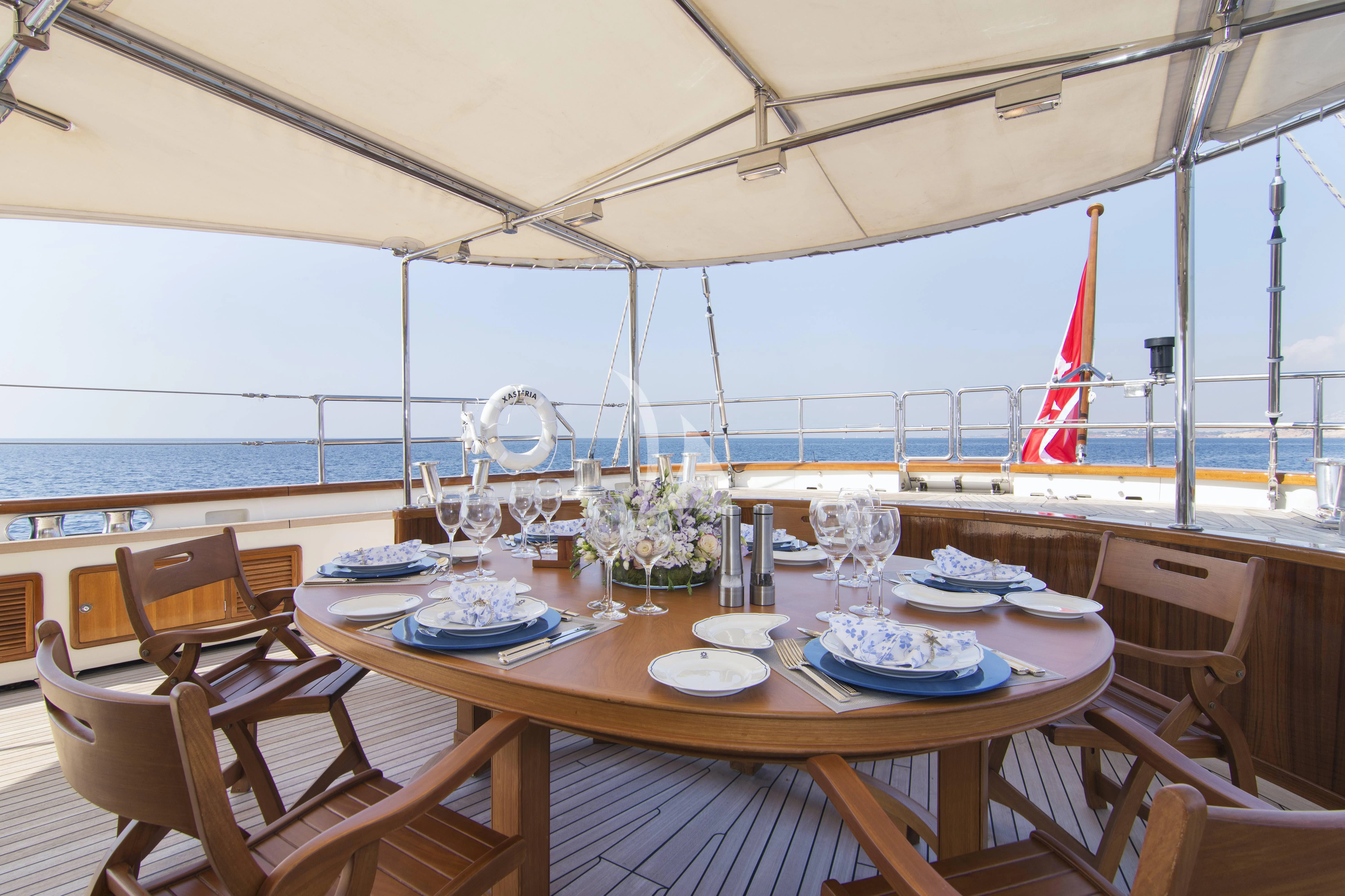 a table set for a meal on a boat aboard XASTERIA Yacht for Charter